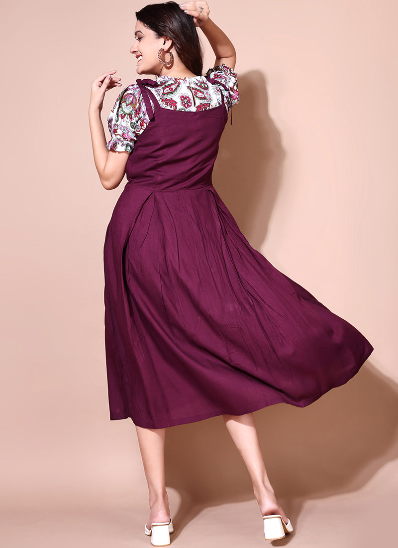 Glossy Flower Printed Two Piece Dungaree Dress