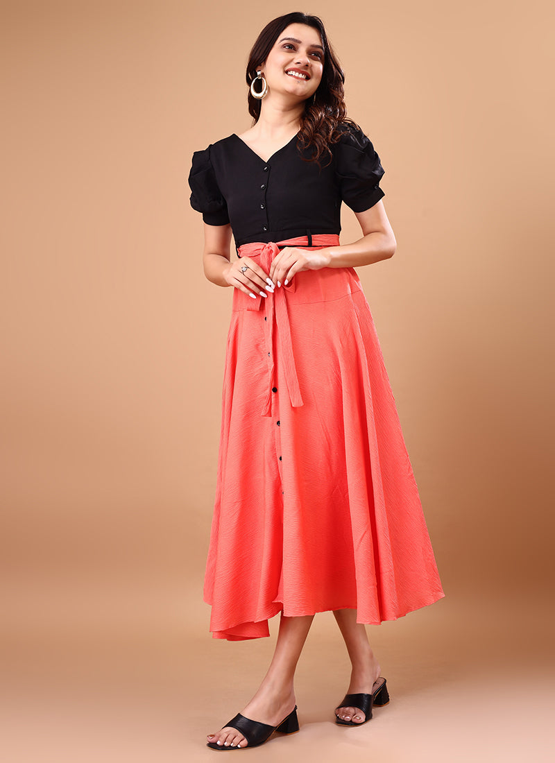 Pink And Black Rayon Belted Bliss Midi Dress