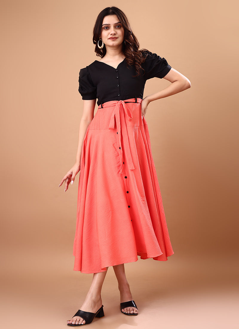Pink And Black Rayon Belted Bliss Midi Dress