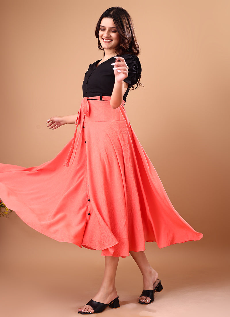 Pink And Black Rayon Belted Bliss Midi Dress