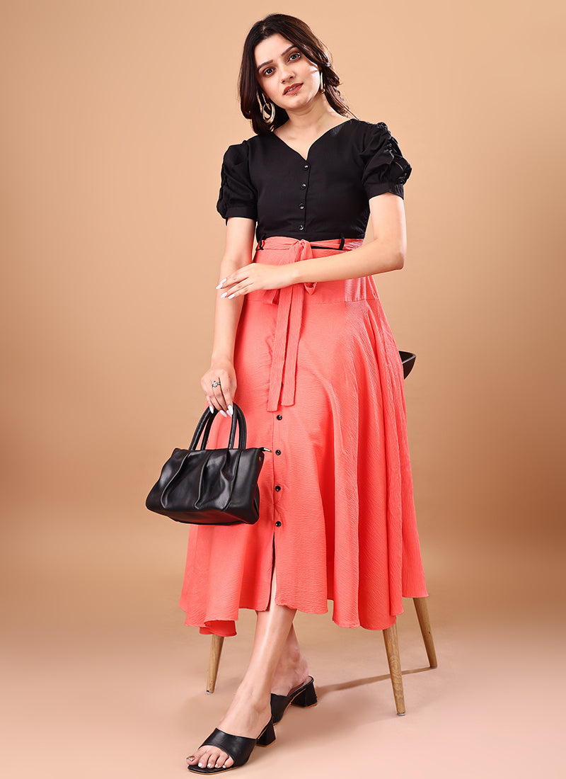 Pink And Black Rayon Belted Bliss Midi Dress