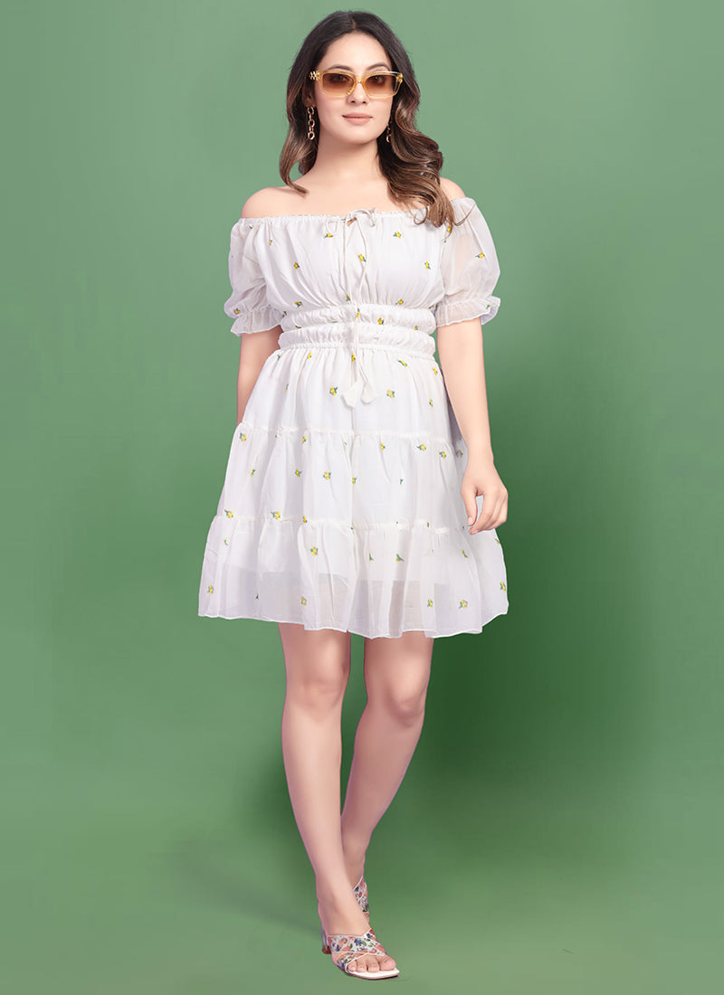 Blanc Rosette-Detailed Georgette Mini Dress