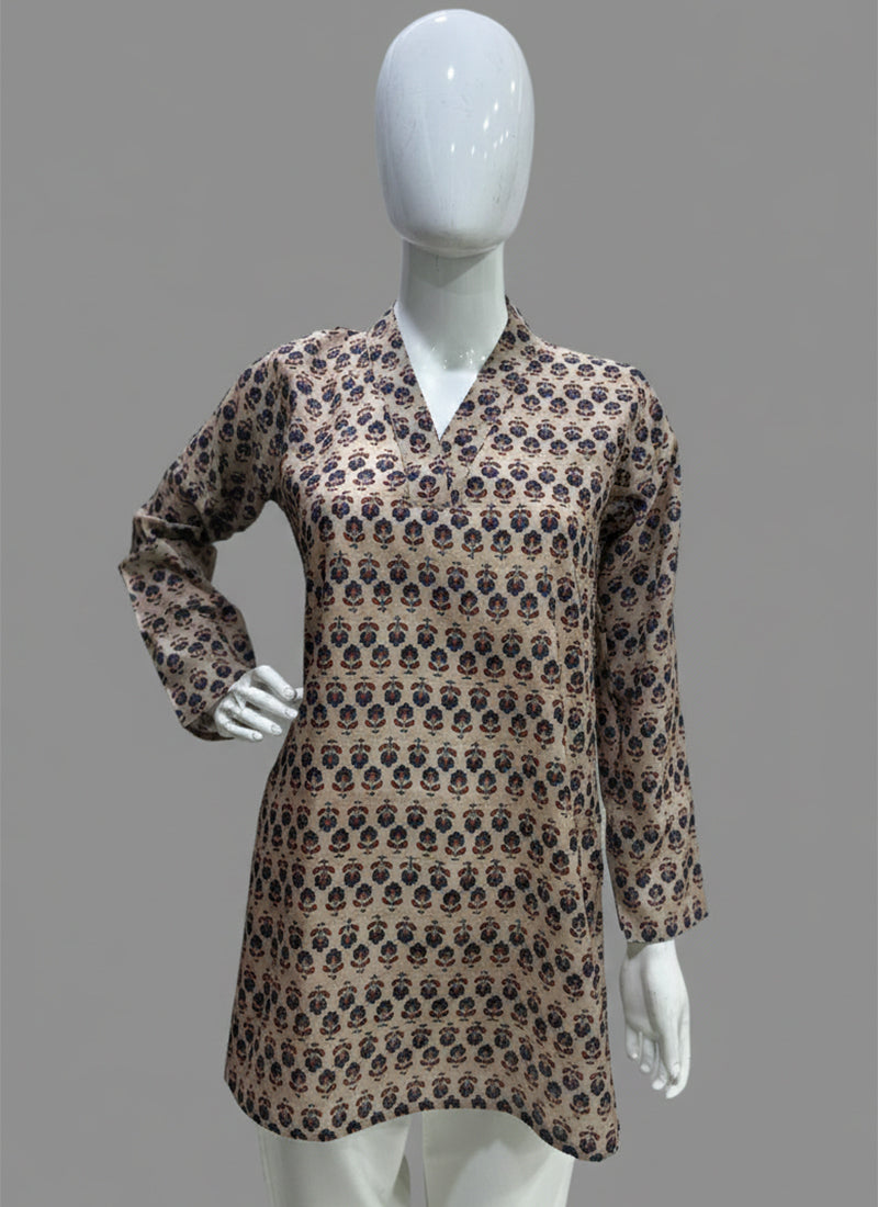 Cream Flower Printed Muslin Casual Short Kurti