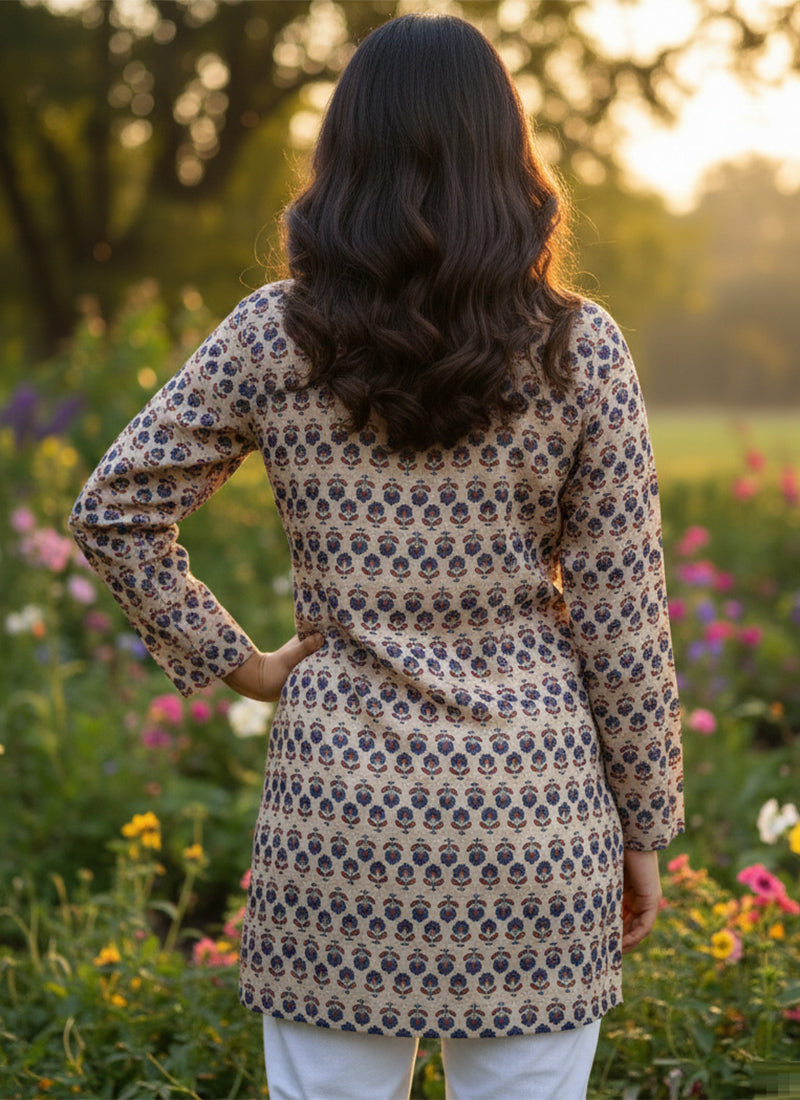 Cream Flower Printed Muslin Casual Short Kurti