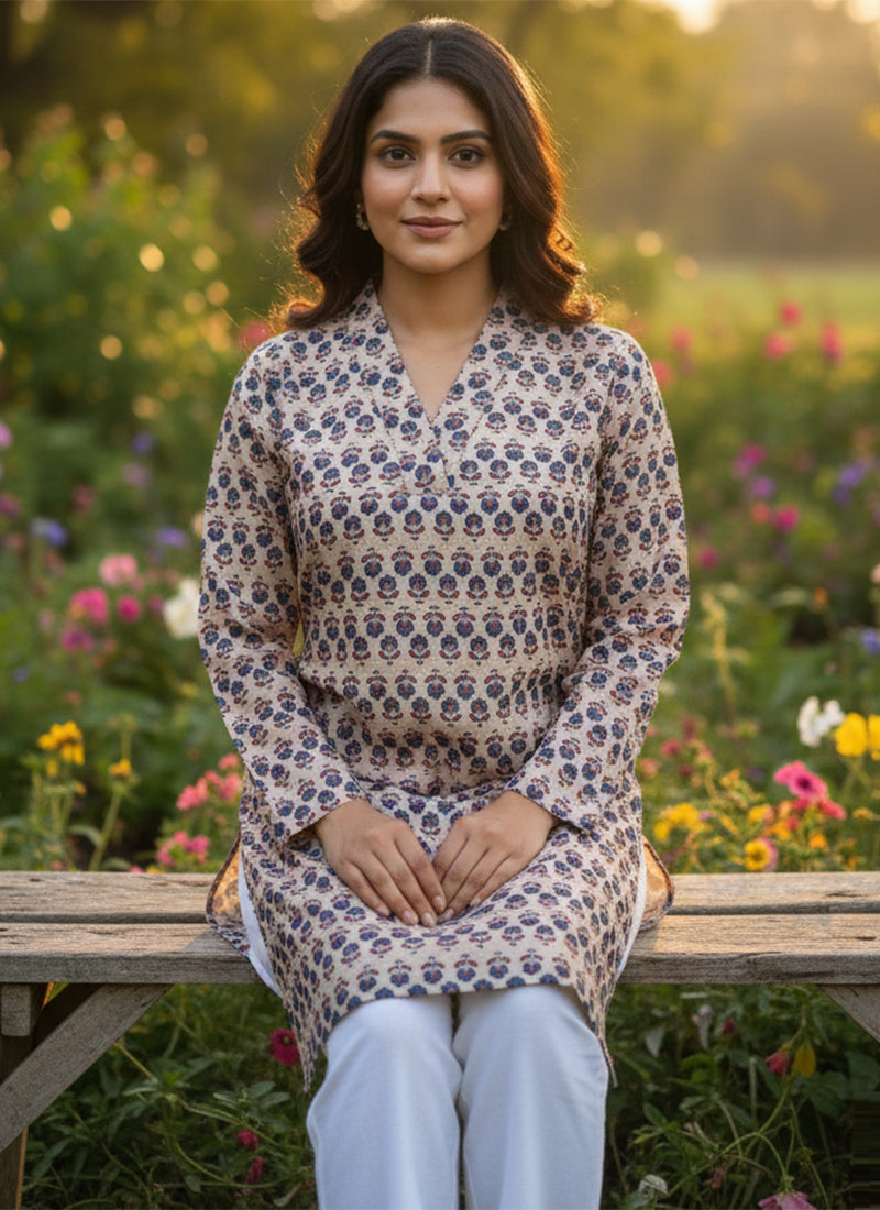 Cream Flower Printed Muslin Casual Short Kurti