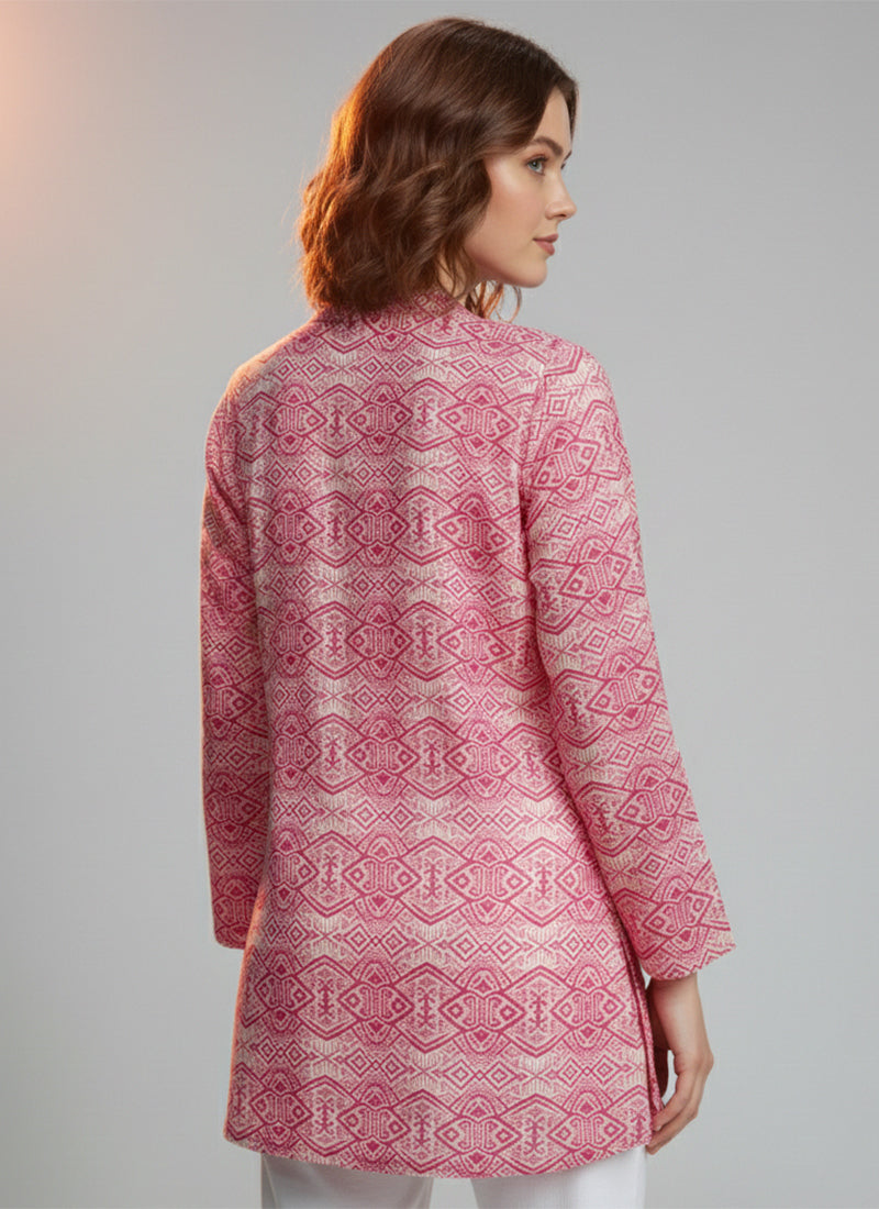 Cream And Pink Printed Muslin Casual Short Kurti