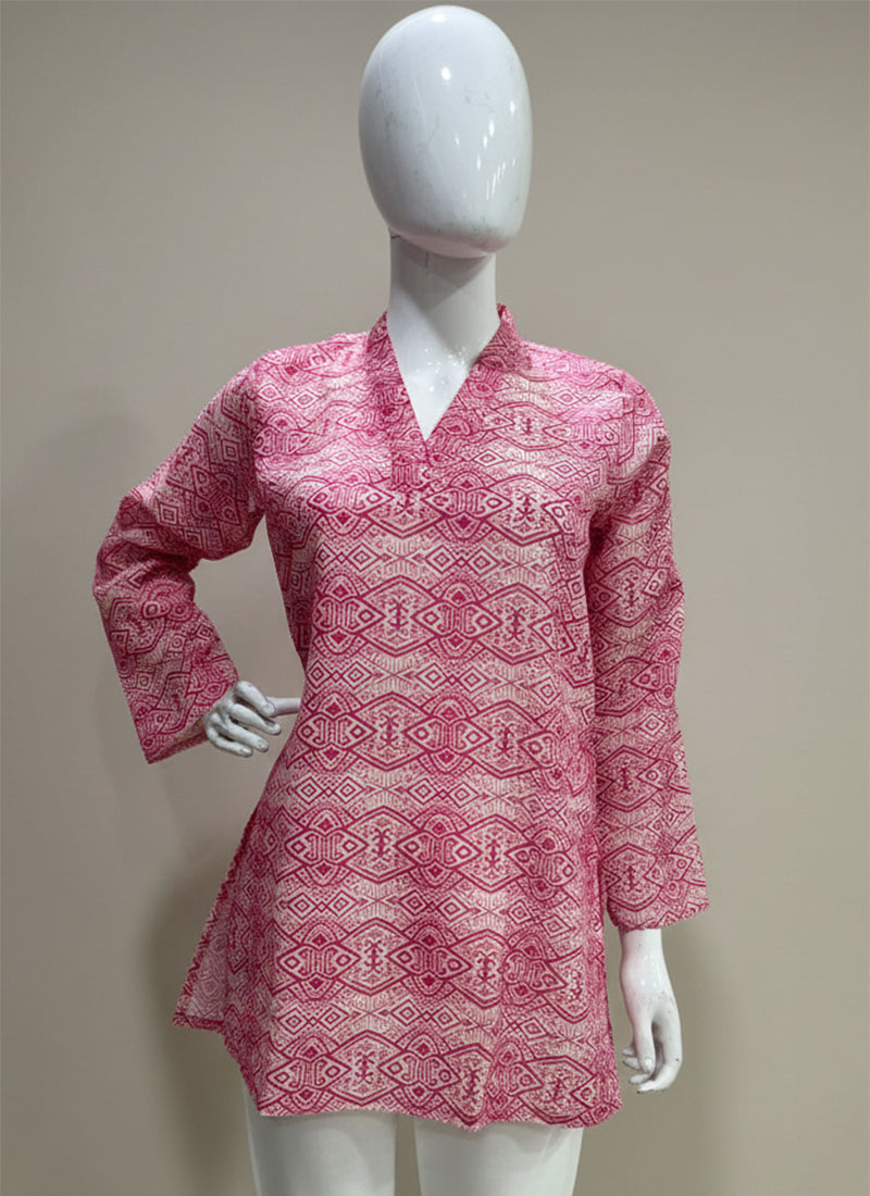 Cream And Pink Printed Muslin Casual Short Kurti