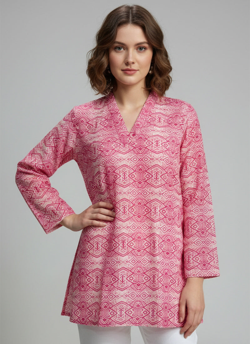 Cream And Pink Printed Muslin Casual Short Kurti