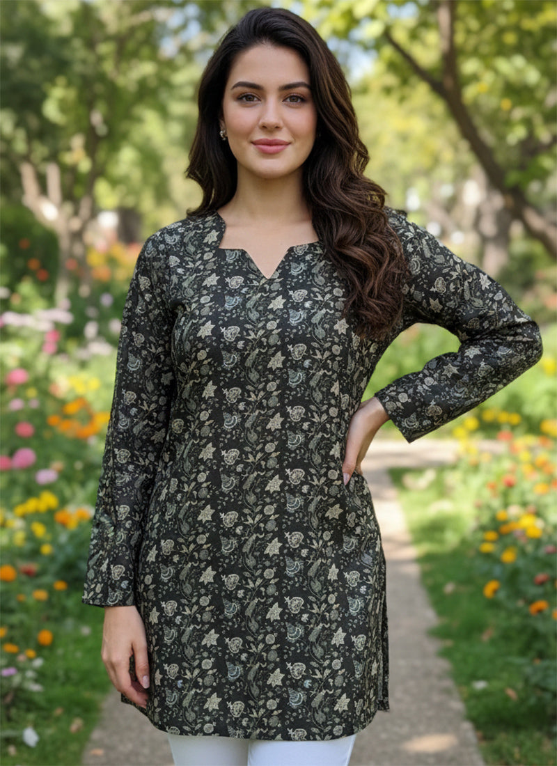 Black Printed Muslin Casual Short Kurti