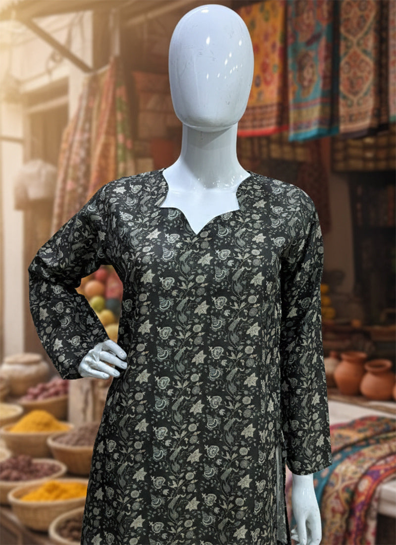 Black Printed Muslin Casual Short Kurti