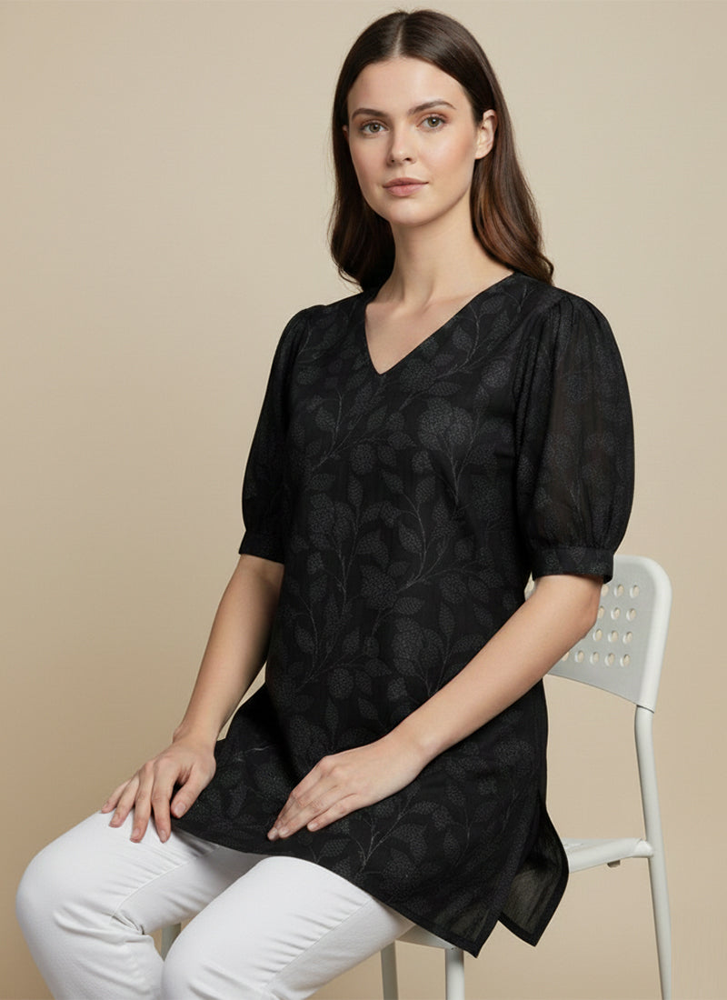Black Flower Printed Muslin Casual Short Kurti