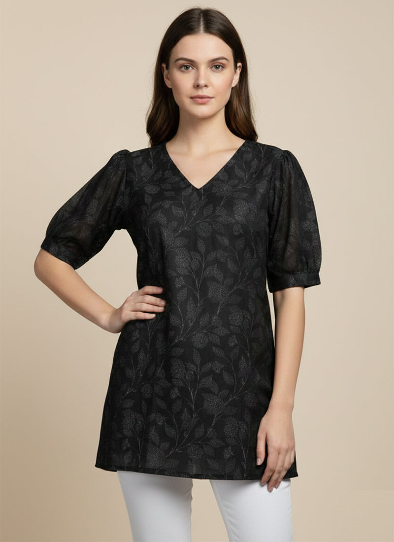 Black Flower Printed Muslin Casual Short Kurti