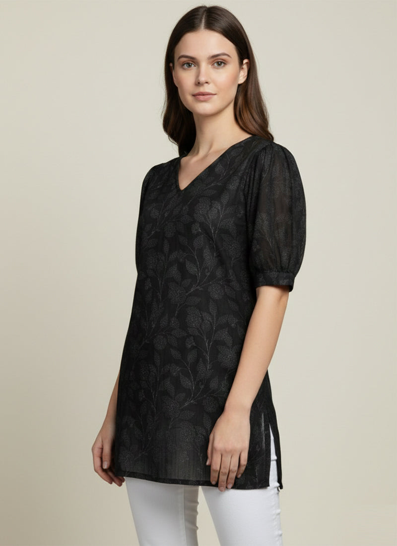 Black Flower Printed Muslin Casual Short Kurti