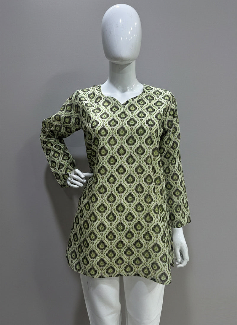 Pista Green Digital Printed Muslin Casual Short Kurti