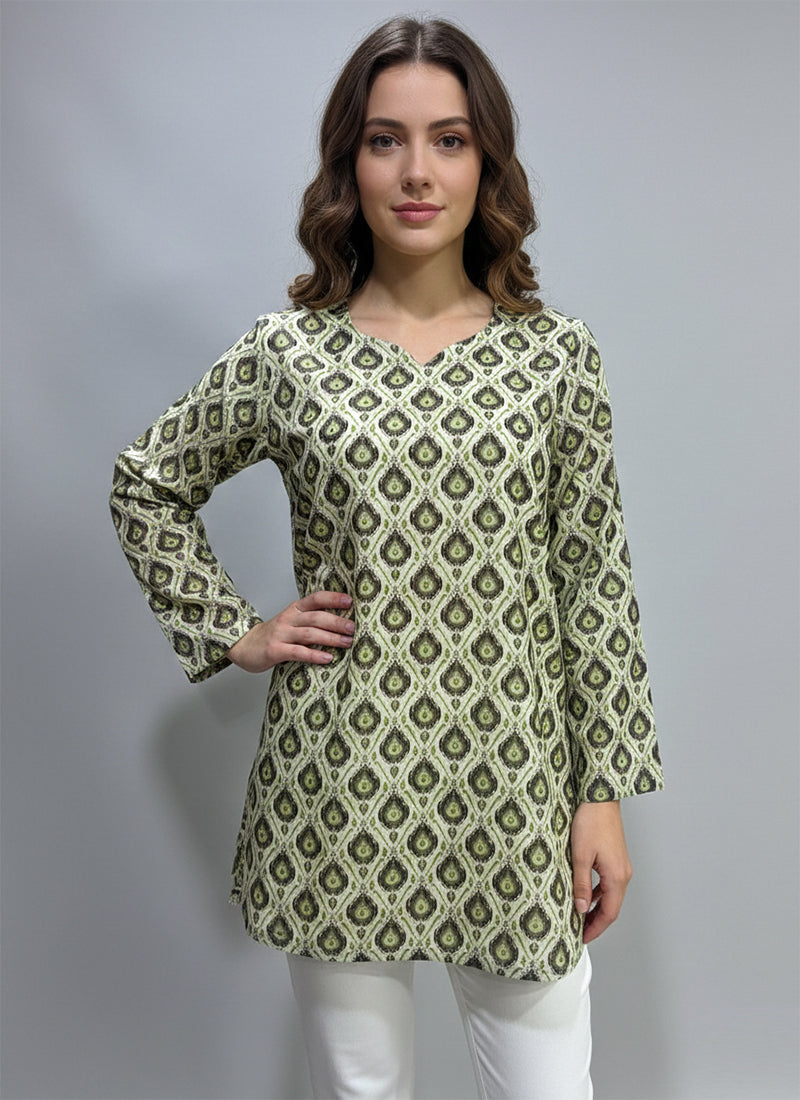 Pista Green Digital Printed Muslin Casual Short Kurti