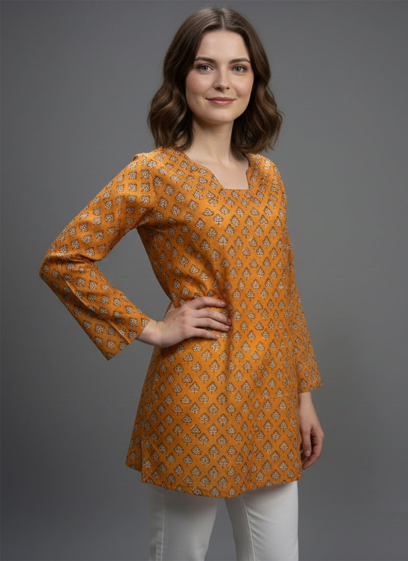 Mustard Yellow Digital Printed Muslin Casual Short Kurti