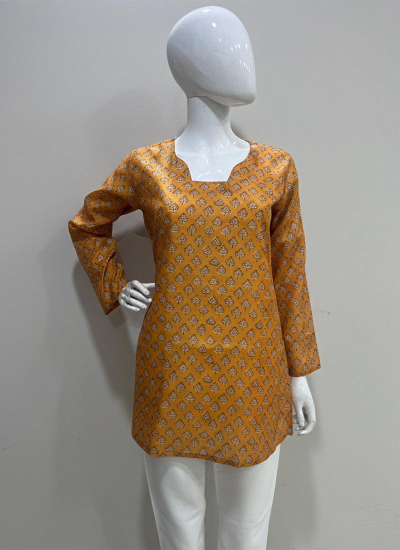 Mustard Yellow Digital Printed Muslin Casual Short Kurti