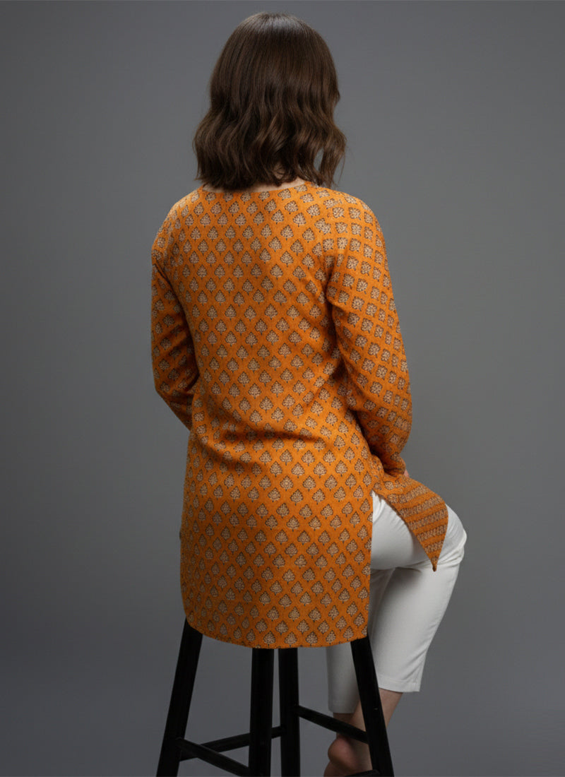 Mustard Yellow Digital Printed Muslin Casual Short Kurti