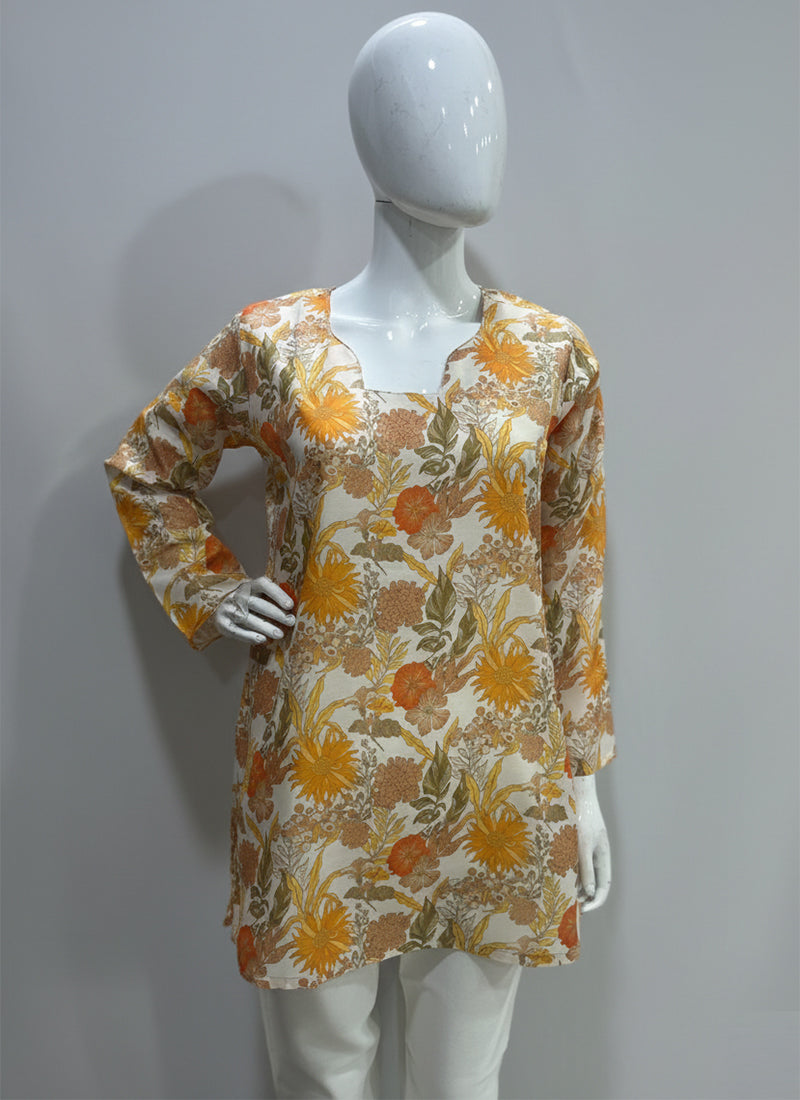 White Flower Printed Muslin Casual Short Kurti