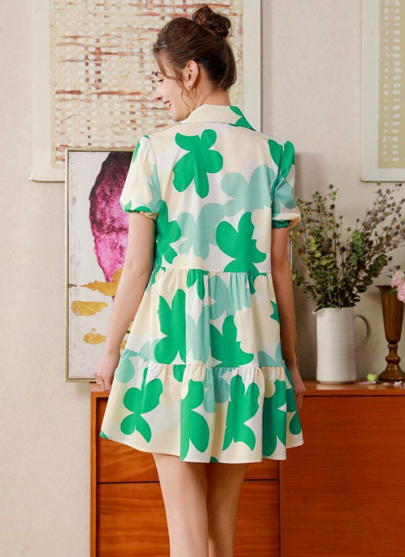 Green And Cream Cotton Printed One Piece Mini Dress
