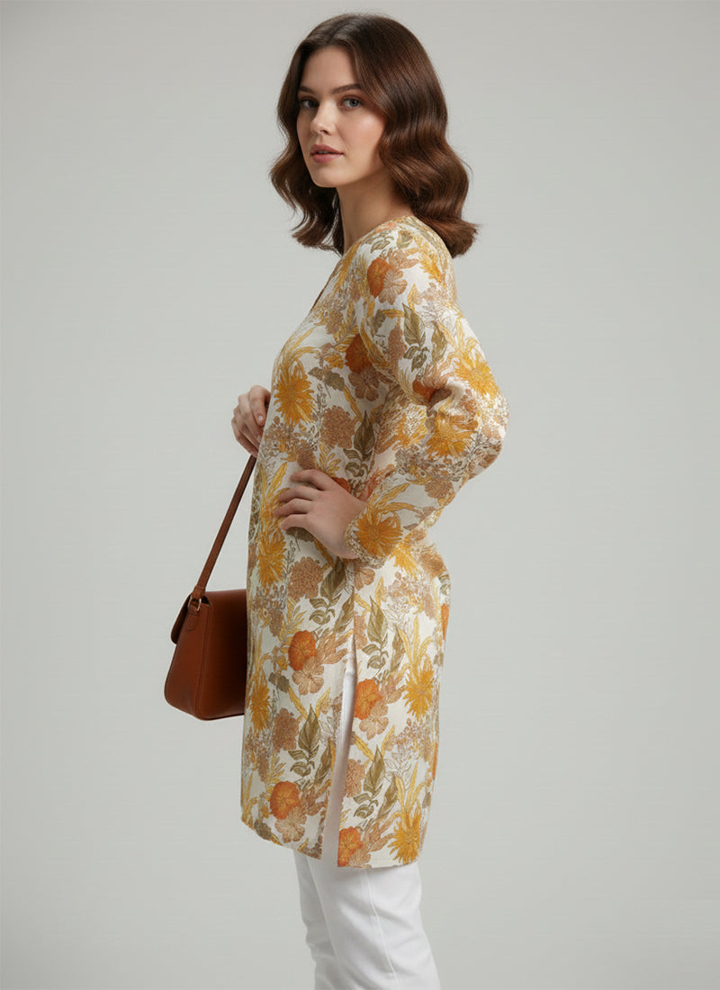 White Flower Printed Muslin Casual Short Kurti