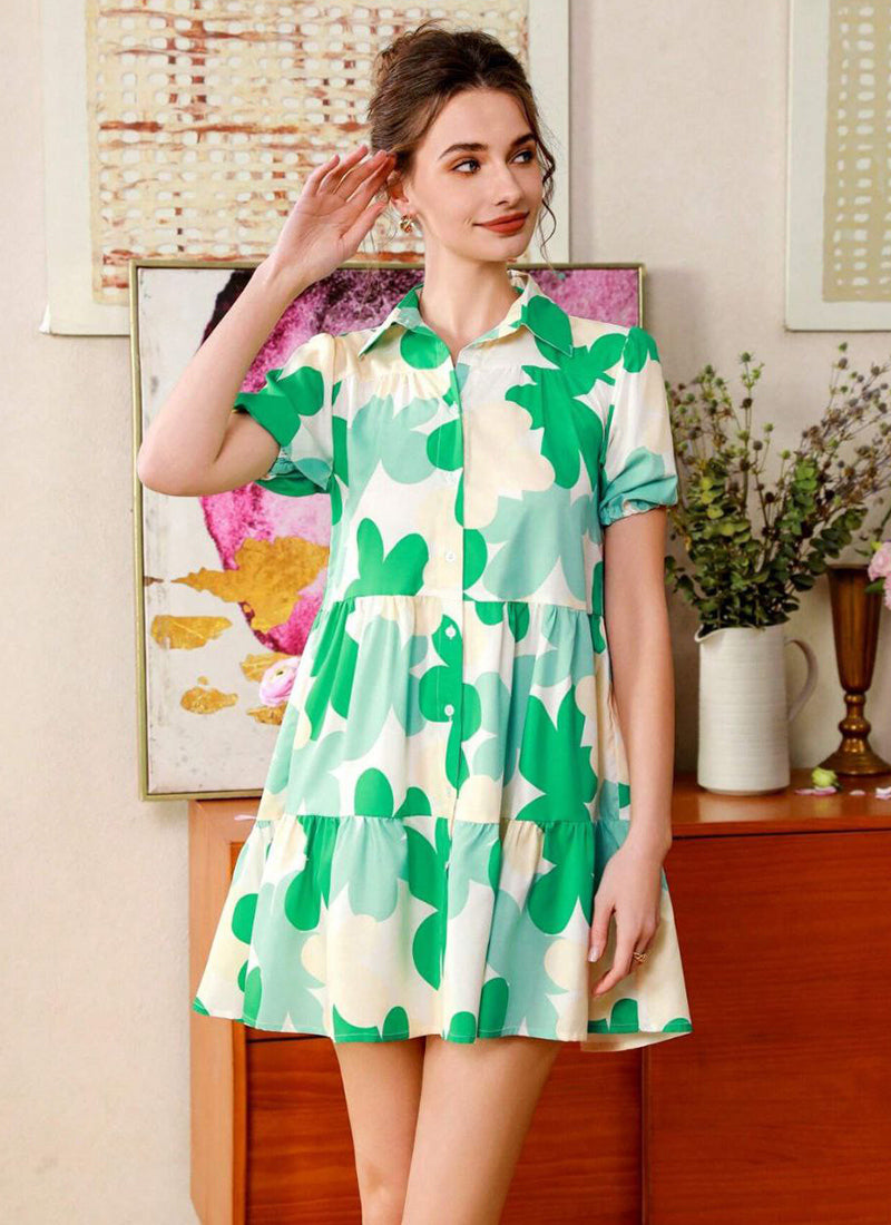 Green And Cream Cotton Printed One Piece Mini Dress