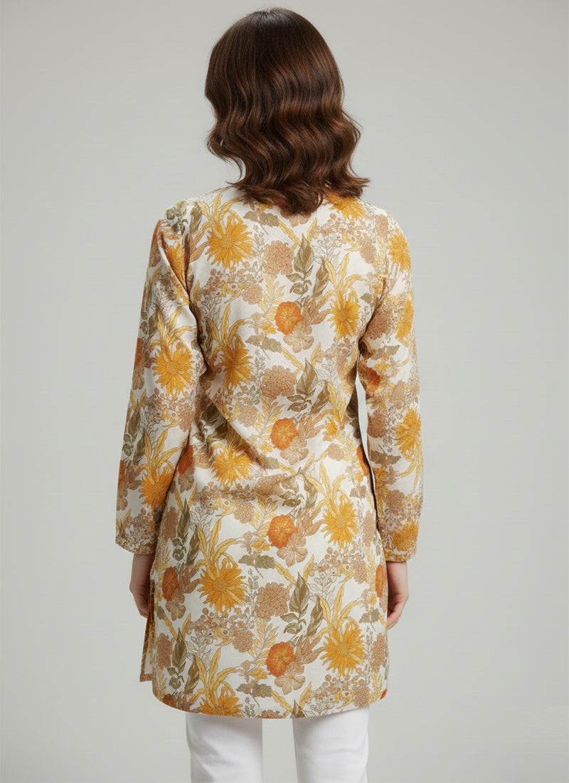 White Flower Printed Muslin Casual Short Kurti