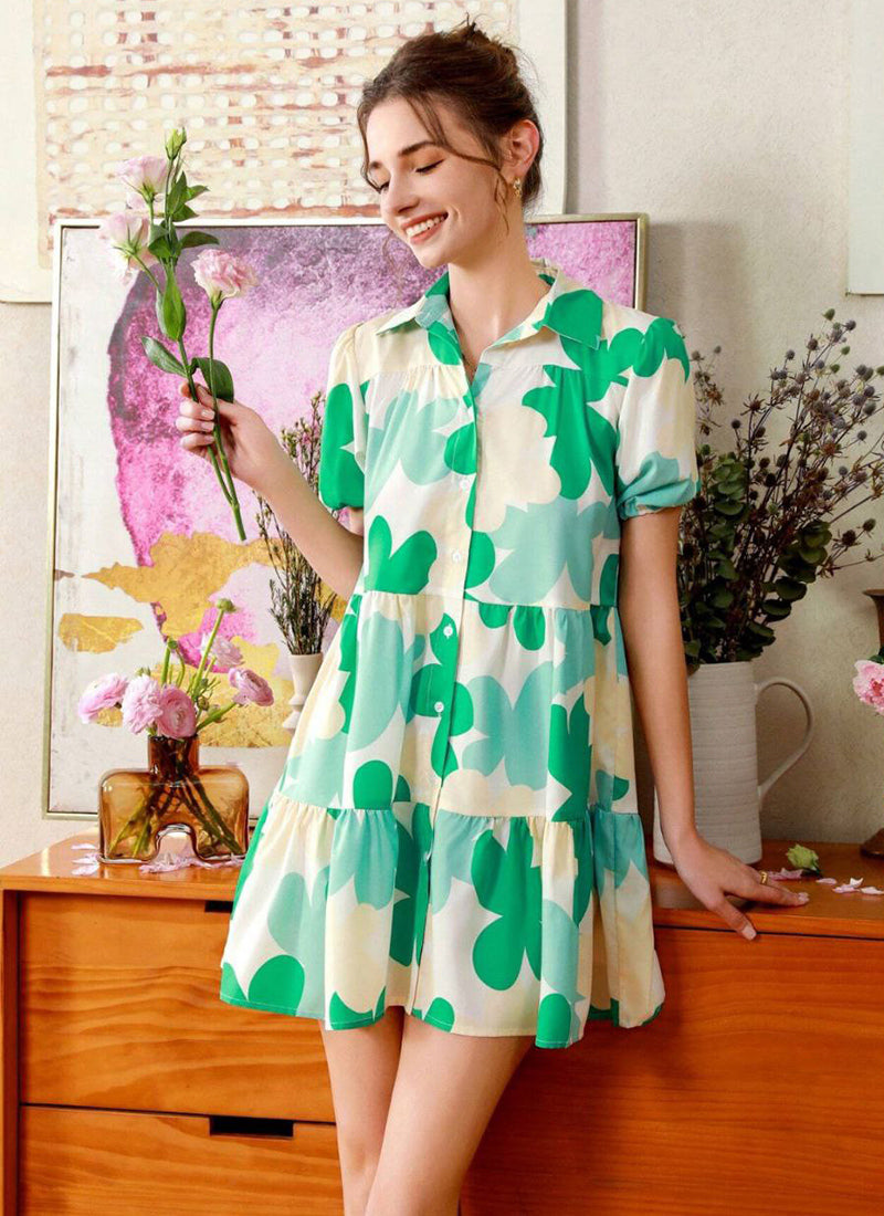 Green And Cream Cotton Printed One Piece Mini Dress