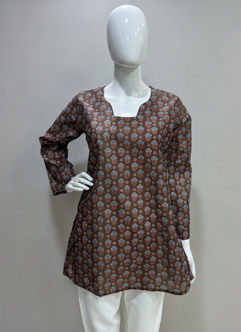 Brown Digital Printed Muslin Casual Short Kurti