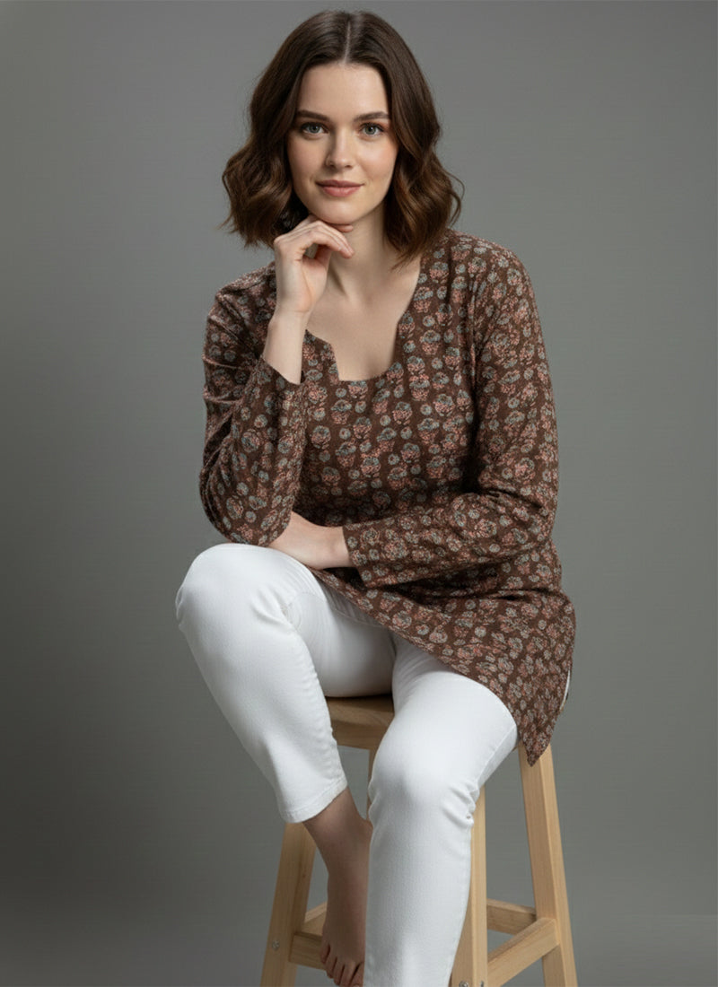 Brown Digital Printed Muslin Casual Short Kurti