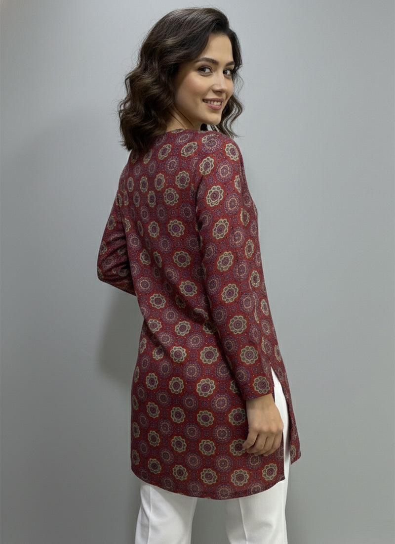 Deep Maroon Digital Printed Muslin Casual Short Kurti
