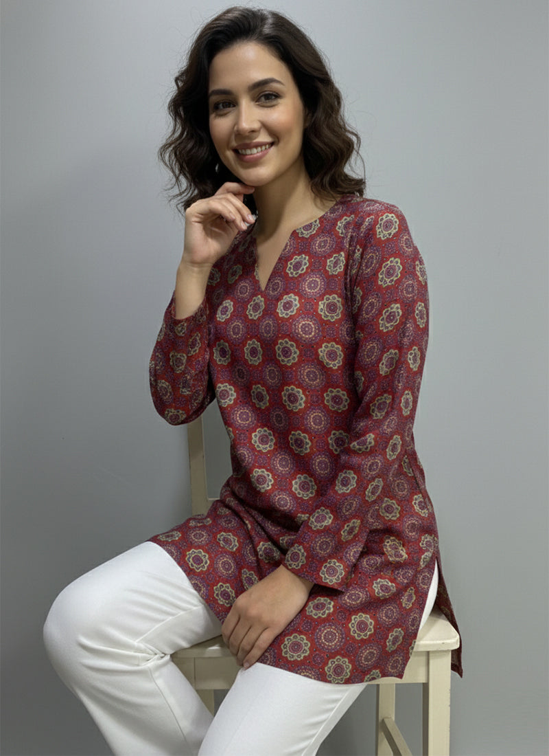 Deep Maroon Digital Printed Muslin Casual Short Kurti