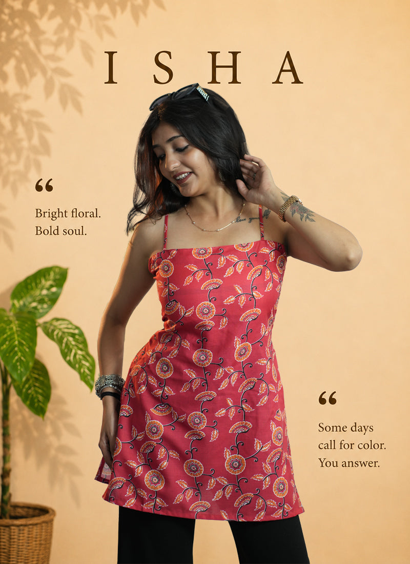 Red Floral Print Cotton Spaghetti Strap Short Kurti
