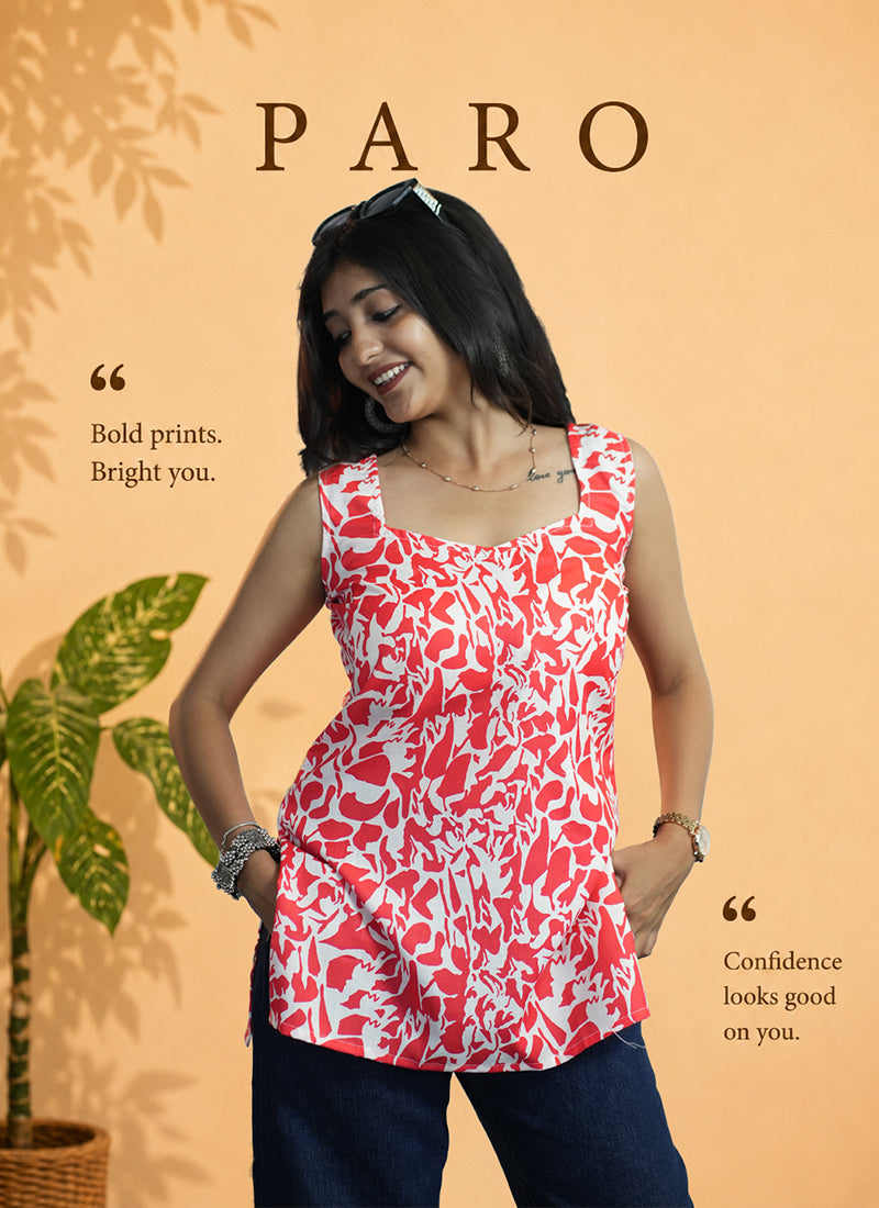 Red And White Printed Cotton Sleeveless Kurti