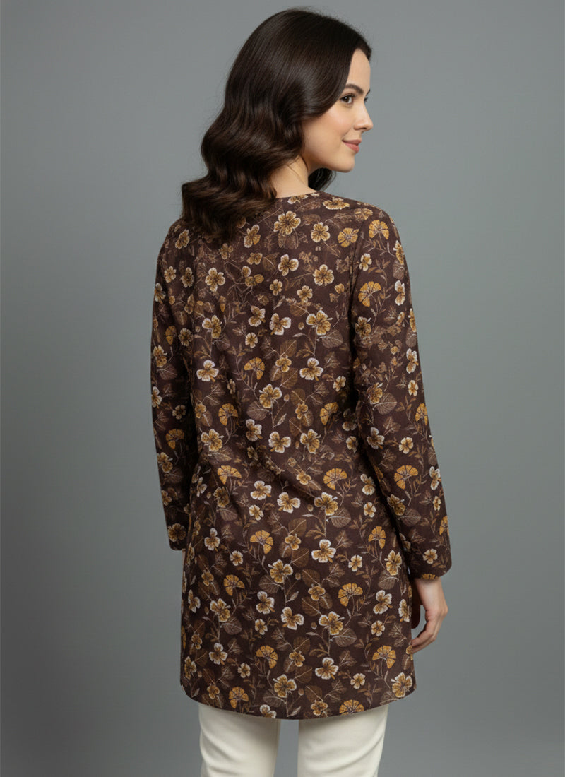Dark Brown Digital Printed Muslin Casual Short Kurti