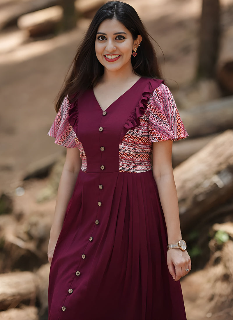 Maroon Rayon Printed Dress