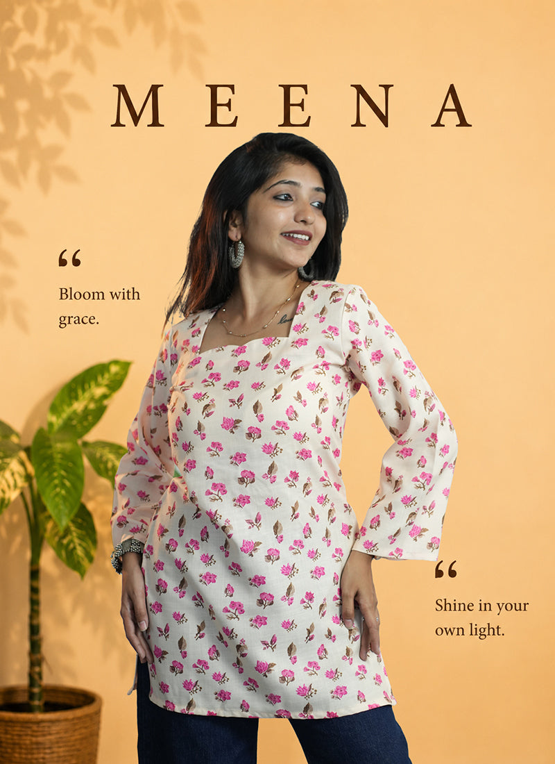 Off White And Pink Floral Printed Cotton Kurti