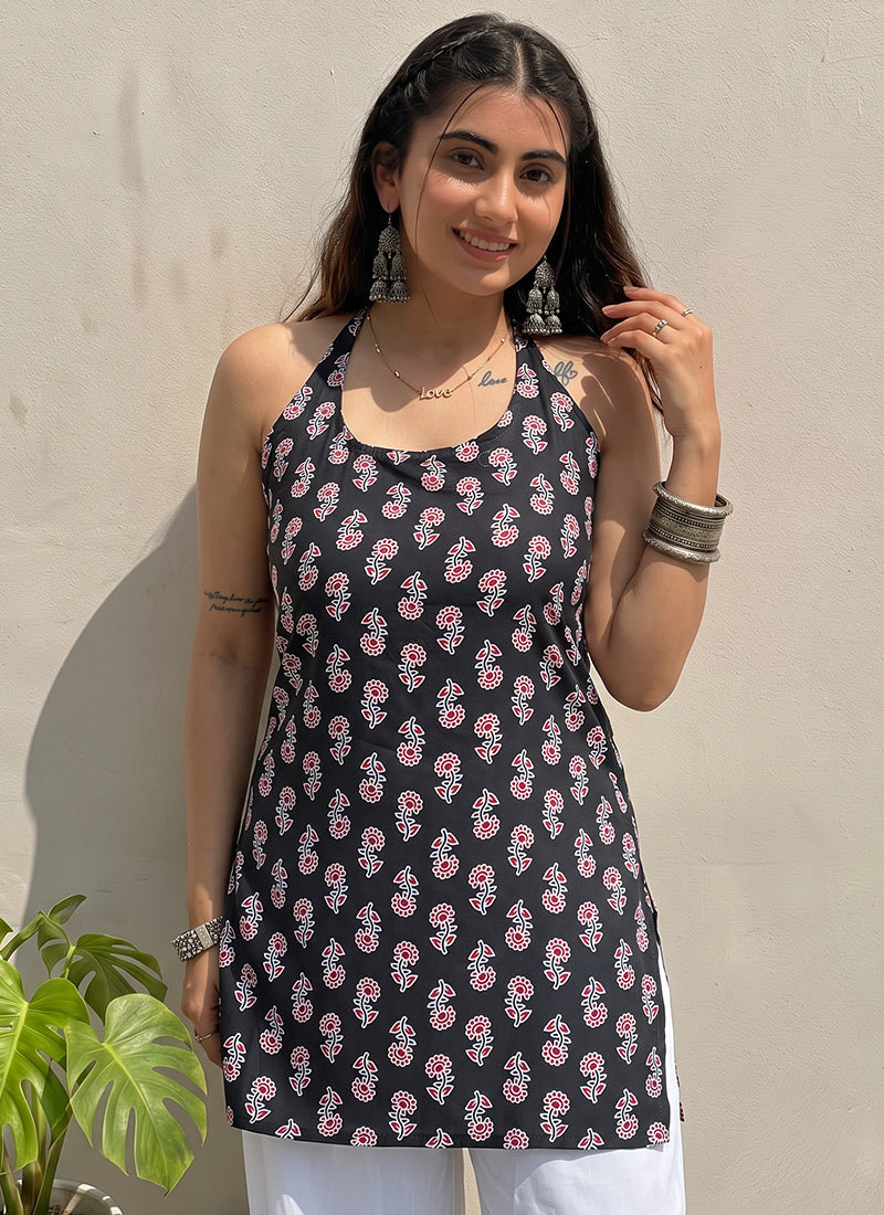 Black Cotton Printed Halter Neck Kurti