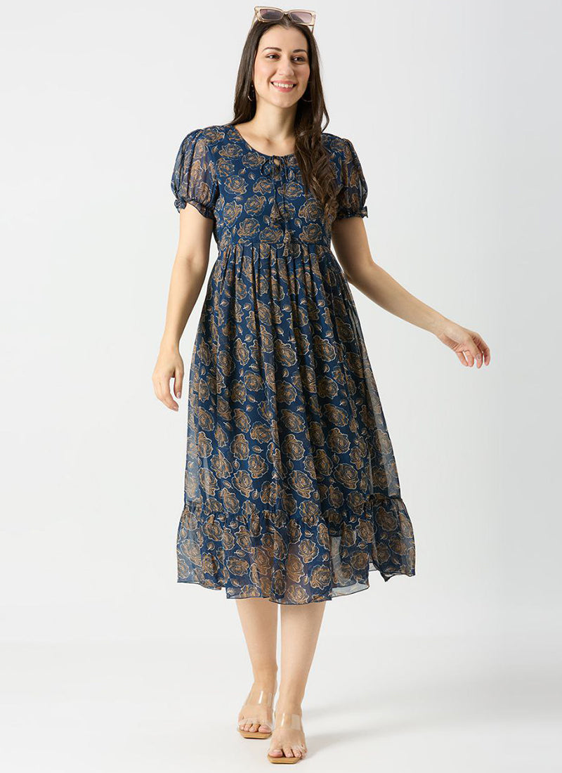 Navy Blue Georgette Rose Printed Midi Dress