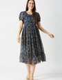 Navy Blue Georgette Rose Printed Midi Dress