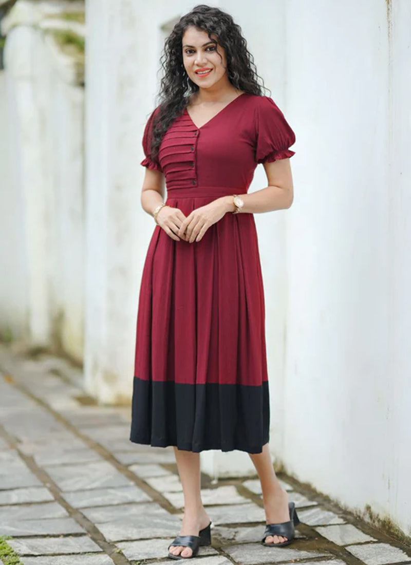 midi calf dress Maroon Rayon Calf Length Outwear Midi Dress