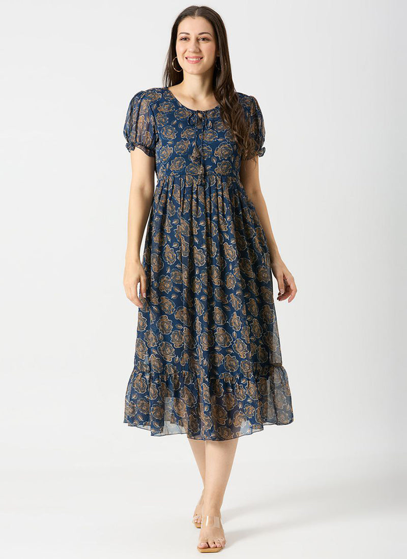 Navy Blue Georgette Rose Printed Midi Dress