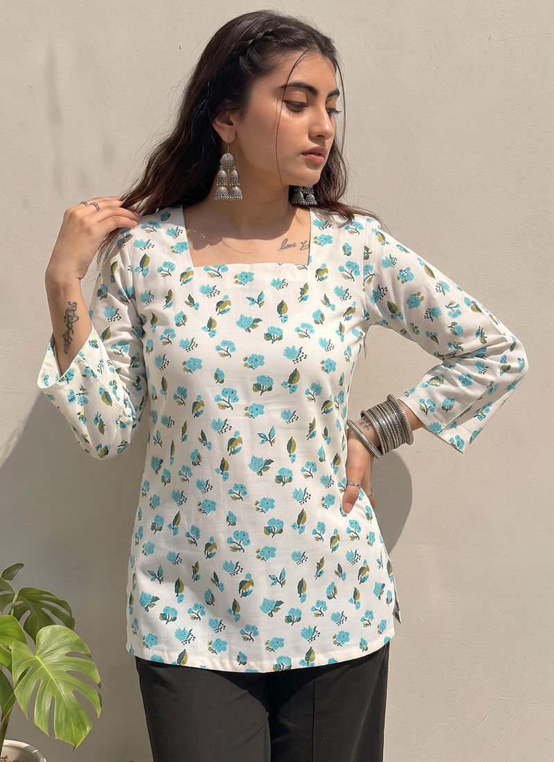 Off White Digital Printed Cotton Kurti