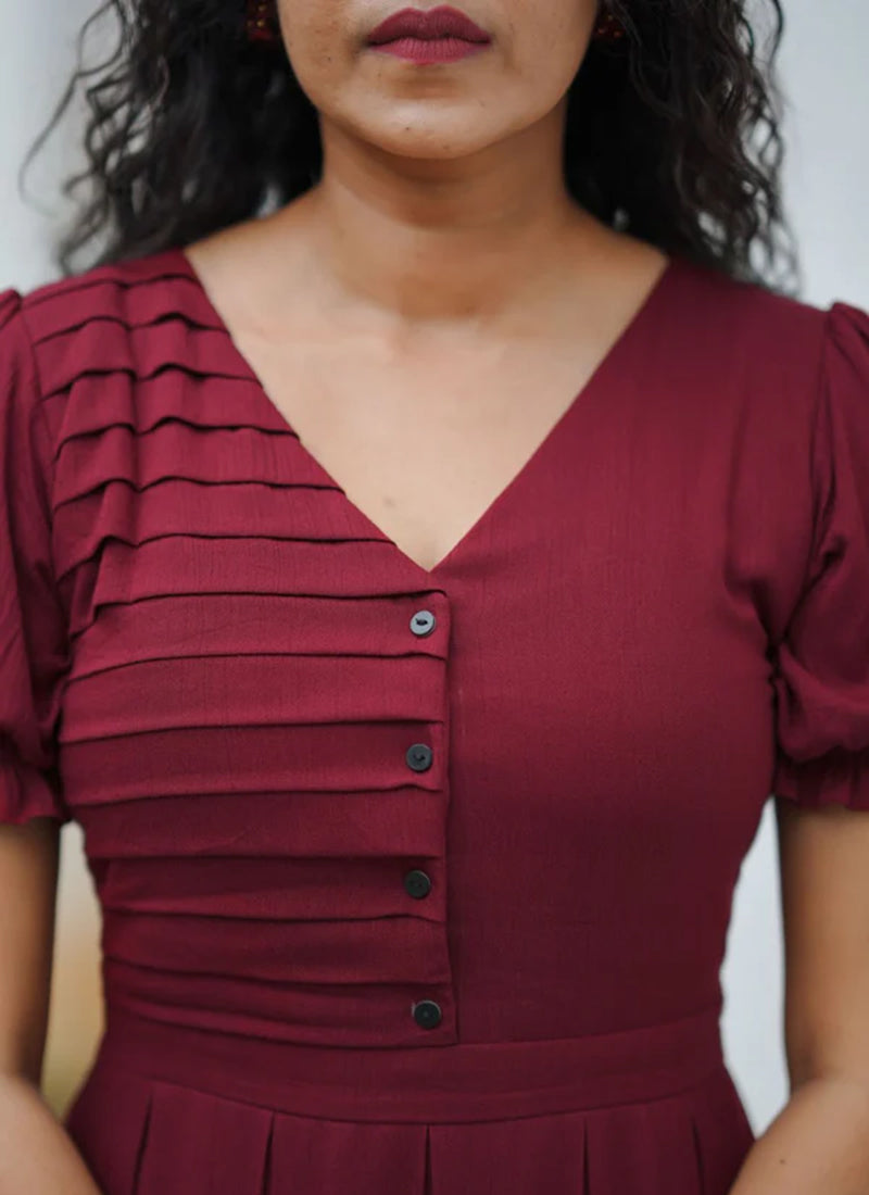 Maroon Rayon Calf Length Outwear Midi Dress