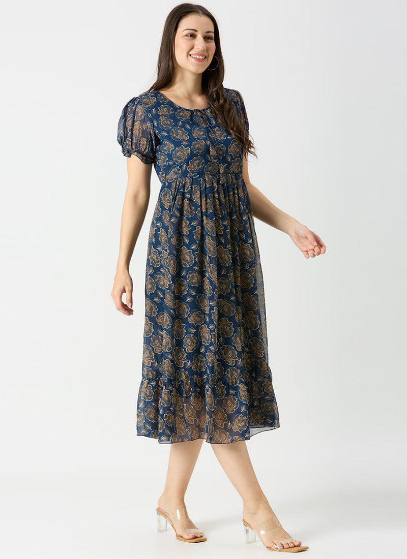 Navy Blue Georgette Rose Printed Midi Dress