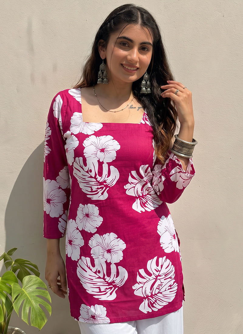 Pink Floral Printed Square Neck Cotton Kurti