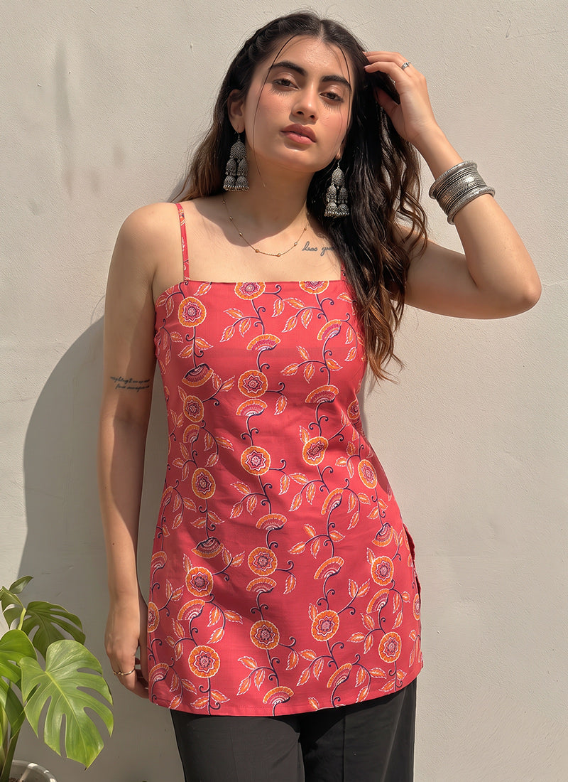 Red Floral Printed Cotton Outwear Kurti