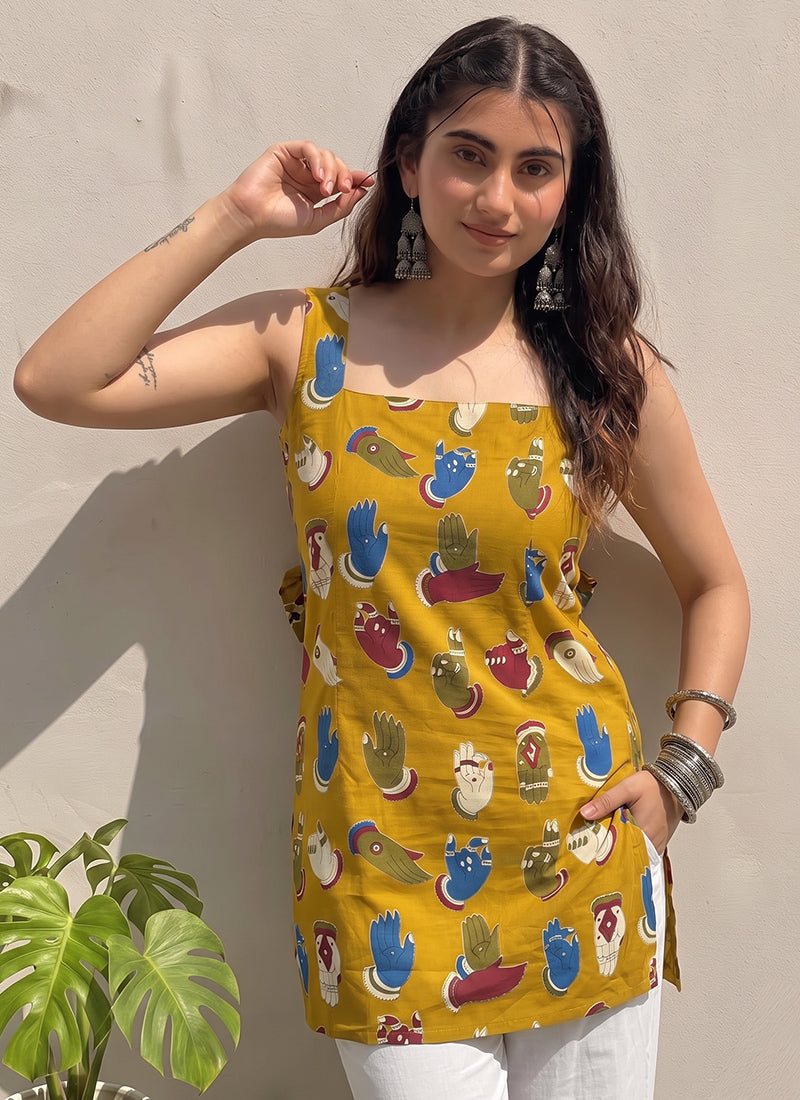 Mustard Cotton Printed Straight-Cut Kurti