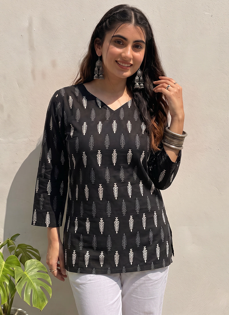 Black Printed Cotton V Neck Kurti