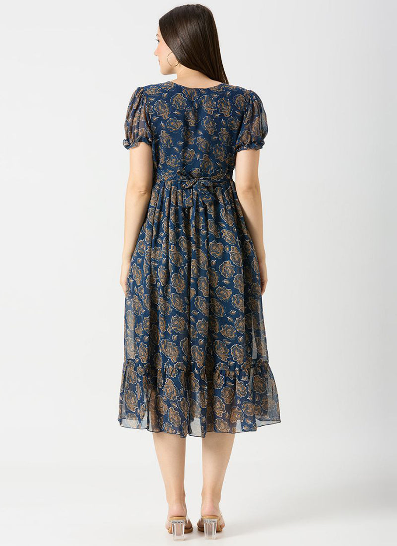 Navy Blue Georgette Rose Printed Midi Dress